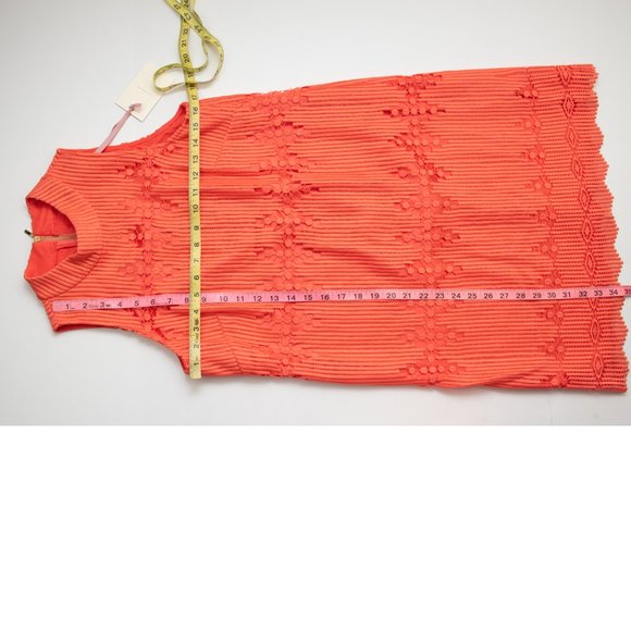 Alex Marie Sleeveless Shift Dress Mock Neck Midi Crochet Coral Orange Size 4 New - Picture 6 of 6